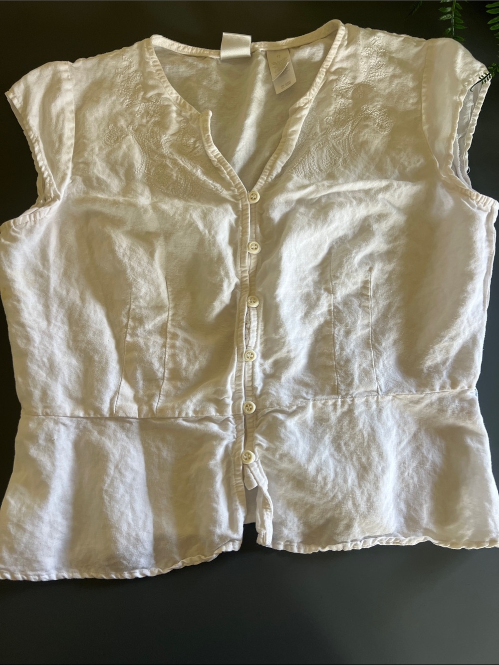 Emma James White Linen-Blend Top with Button Front